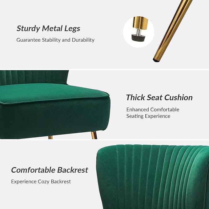 HULALA Home Velvet Accent Chair Set of 2, Modern Armless Upholstered Side Chair with Glam Gold Metal Legs for Vanity Living Room Bedroom - Green