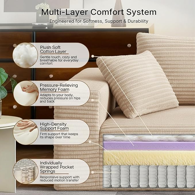 2-Seater Deep-Seat Corduroy Lounge Sleeper Sofa, No Assembly Frameless Foam Cloud Couch, Comfy Plush Double Seater for Living Room Bedroom Apartment Dorm Office (Beige)