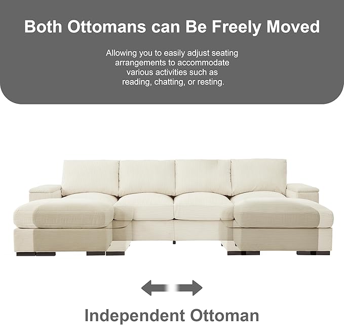 122" Oversized Modular Sectional Sofa Cloud Couch with 2 Ottomans, Comfy Corduroy Upholstered Deep Seat Large U Shaped Lounge Sofa&Couches with Hidden Arm Storage Box