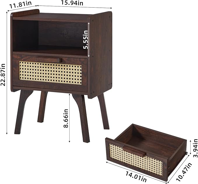 Lerliuo Rattan Nightstand, Bedside Table with Drawer Open Shelf, Cane Accent Side End Table with Solid Wood Legs, Walnut Vintage Night Stand for Bedroom, Dorm and Small Spaces - Image 3
