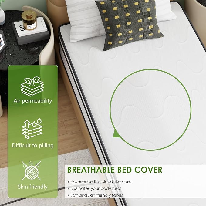 PayLessHere | 10 Inch Twin Mattress | Medium Firm Hybrid Mattress | White | with High-Density Foam and Breathable Cover | Pocket Spring Design, Pressure Relief | Bed in a Box, CertiPUR-US Certified