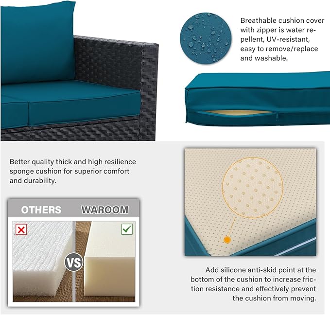 WAROOM Patio Furniture Set 4 Piece Conversation Sets Black Rattan Outdoor Couch Loveseat Wicker Sectional Sofa with Storage Box Glass Top Table, Peacock Blue Cushion