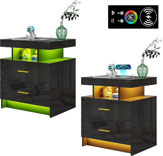 WOOVIVS Night Stand Set 2 with USB/Type-C/Wireless Charging Station, Blakc Nightstands with RGB Auto LED Lights, Modern Bedside Table Set of 2 with 2 Drawers for Bedroom Furniture by WOOVIVS