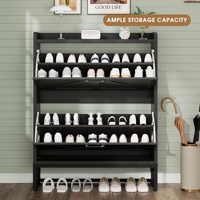 GRUSIGN Shoe Cabinet, Shoe Storage Cabinet with 2 Flip Drawers & Adjustable Shelf, Space-Saving Shoe Organizer – Holds 16+ Pairs, Narrow Shoe Cabinet Storage for Entryway/Hallway（Black） - Image 3