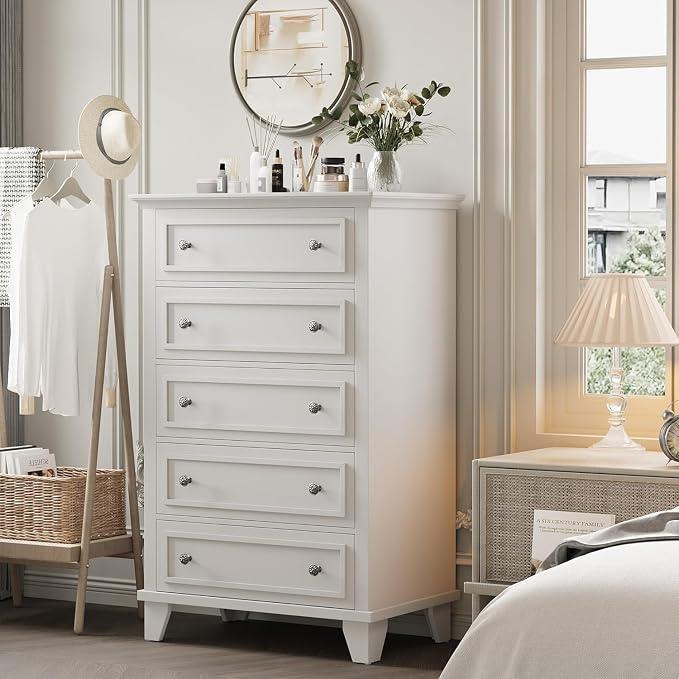 GAOMON White 5 Drawer Dresser for Bedroom, 48" Tall Wood Dresser & Chests of Drawers with Deep Drawers, Modern Chest Organizer with Metal Handles for Living Room, Hallway, Entryway by GAOMON