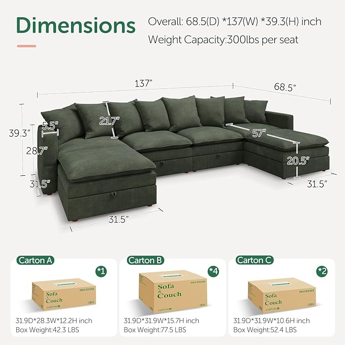 HONBAY Modular Sectional Sofa, 137 Inch U Shaped Corduroy Couch with Storage, Convertible Sectional Sofa with Deep Seat, Green