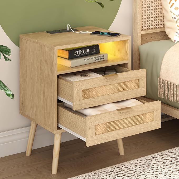 Halitaa Rattan Nightstand with Charging Station USB Port Led Lights and 2 Storage Drawers, Bedroom Furniture Night Stand Bedside Table, Rattan Side Table, End Table (1 Pack) by Halitaa