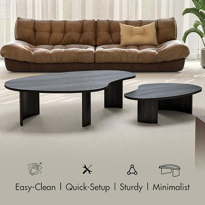 2-Piece Irregular Mango Nesting Coffee Table Set, Black Solid Wood Coffee Tables with Fluted Legs, Modern Minimalist Accent Tables for Living Room, Bedroom & Small Apartments