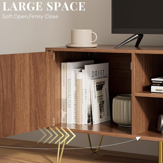TV Stand for 55-65 Inch TV, Entertainment Center with Soft Hinge Door,TV Console Table with 2 Cabinets with Gold Handle and Feet,for Living Room, Bedroom, Walnut - Image 7