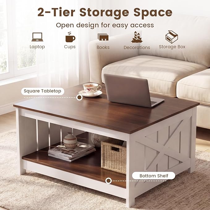 Giantex Farmhouse Coffee Table, 31 Inch Square Wood Coffee Table with Storage Shelf, 2-Tier Vintage Center Table with Open Compartment, Rustic Living Room Table for Home Office, White & Brown