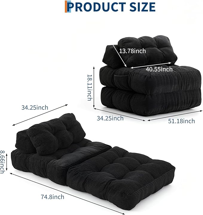 Folding Sofa Bed, Convertible Sleeper Chair with Pillow Foldable Matress with Back Support, Portable Fold Out Chair Bed Comfy Floor Sofa Lounge for Living Room Bedroom, Black, Single