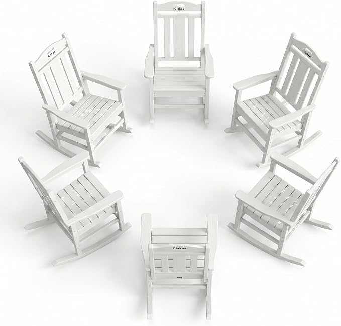 Ciokea Oversized Outdoor Rocking Chairs Set of 6, 380lbs Heavy-Duty Large Patio Rocker, High Back Cozy Porch Chairs, Weather Resistant Patio Rocking Chairs for Outside, Fire Pit, Deck, White by CIOKEA