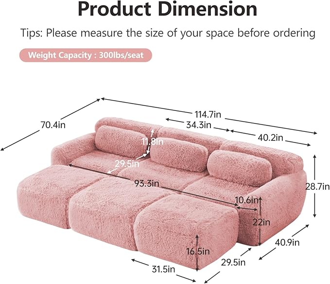114.7" Sectional Sofa Bed, 6-Seater Modular Sleeper Boneless Couch with Movable Ottoman, Plush Convertible Sofa Set Deep Seat Couches for Living Room, Bedroom and Apartment, Pink