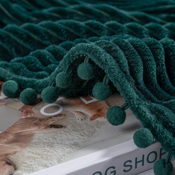 DISSA Fleece Blanket Throw Size – 51x63, Green – Soft, Plush, Fluffy, Fuzzy, Warm, Cozy – Perfect Throw for Couch, Bed, Sofa - with Pompom Fringe - Flannel Blanket Throw Blanket