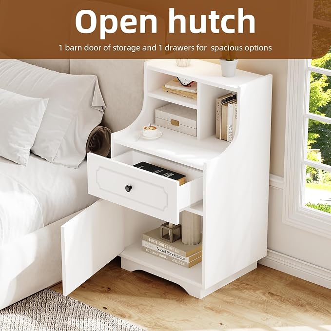 4ever2buy Farmhouse Nightstands with Hutch, White Nightstand Set of 2 with Storage, Bedside Table End Tables for Bedroom - Image 4