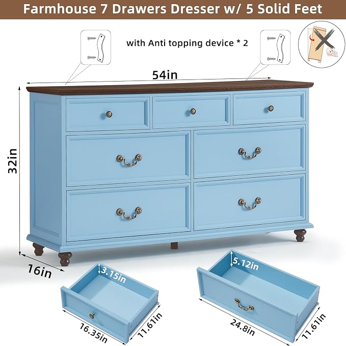 Joaxswe Farmhouse 7 Drawers Dresser for Bedroom, Light Blue 54 Inch Wide Chest of Drawers w/ 4 Wooden Legs, Large Vintage Rustic Closet Dressers for Living Room, Wood TV Stand with Storage Organizer - Image 2