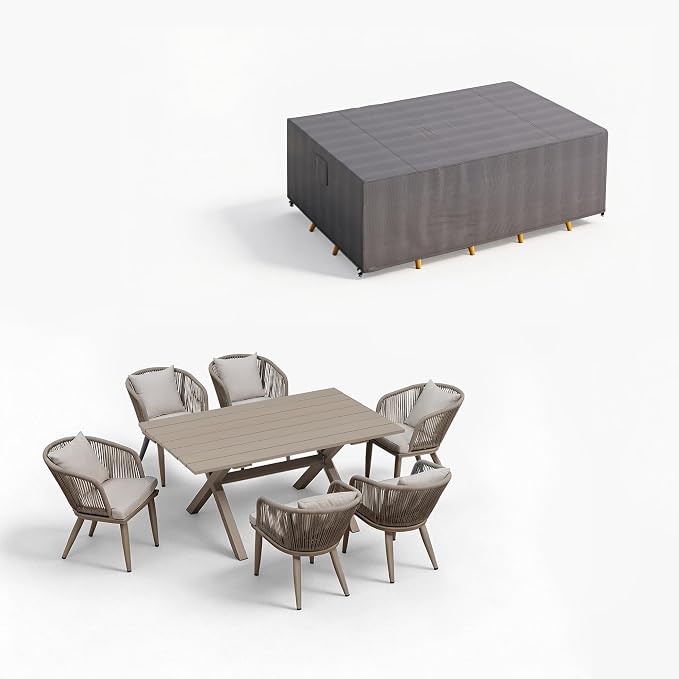 PURPLE LEAF 7 Pieces Patio Dining Set with Waterproof Furniture Cover Rectangular Table and Chairs Set for Garden Deck Aluminum Frame Backyard Kitchen Set, Cushions and Pillows Included Champagne by PURPLELEAF