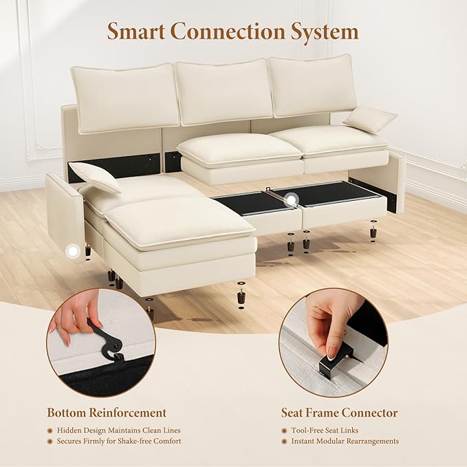 Vesgantti 108" Modular Sectional Sofa, Comfy Cloud Couch with Movable Ottoman Deep Seat Chenille L Shaped Modular Sofa, Sectional Couches for Living Room, Bedroom and Apartment, Beige White