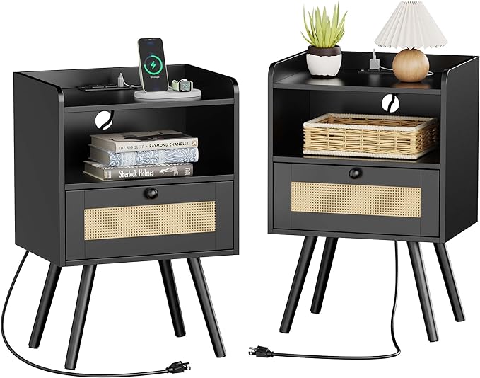 SUPERJARE Nightstands with Charging Station, Bedside Table Set of 2 with PE Rattan Drawers, Rattan Side Table with Storage & Solid Wood Feet, End Table for Bedroom, Black by SUPERJARE