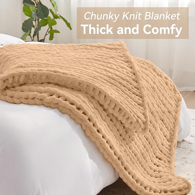 Negwoo Chunky Knit Throw Blanket, 80''*90'' Knitted Throw Chenille Yarn for Bed Couch, Handmade Beige Crochet Big Thick Blanket, Machine Washable Cute Comfy Blanket for Home Decor