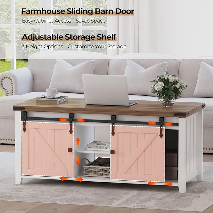 48" Farmhouse Lift Top Coffee Table with Storage, Sliding Barn Door, Large Hidden Compartment, Wooden Lifting Tabletop with Adjustable Shelf for Living Room, Office (White)