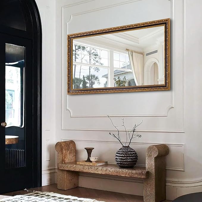 Chende Vintage Wall Mirrors for Decor, 47''x24'' Black and Gold Narrow Mirror for Bathroom with Antique Pattern Carving Wooden Frame, Rectangle Ornate Decor for Living Room, Entryway, Dining Room - Image 8