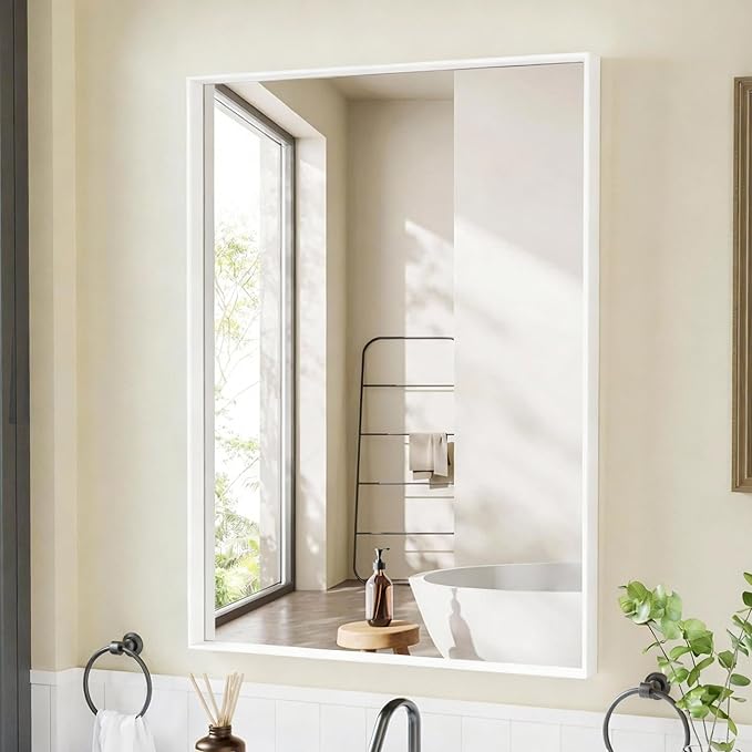 24x32 Inch White Bathroom Mirror, Wall Mounted Bathroom Vanity Mirrors, Rectangle Aluminum Black Framed Mirror, Tempered Glass, Anti-Rust, Mirrors for Over Sink by Dimelax