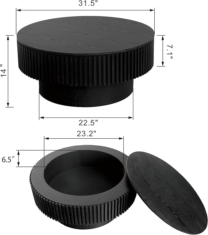 31.5'' Round Coffee Table with Storage, Modern Luxury Circle Drum Center Tables with Solid Wood Veneered, Accent Side Coffee Table for Living Room, Bedroom, Apartment-Black