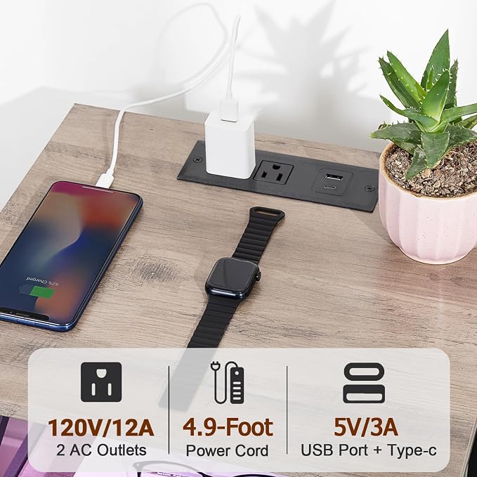 AMHANCIBLE Night Stand Set of 2 with Charging Station and LED Lights, Large 2-Drawer Bedside Tables with USB Ports and AC Outlets, Modern Nightstand for Bedroom, Grey, HET052LGY - Image 4