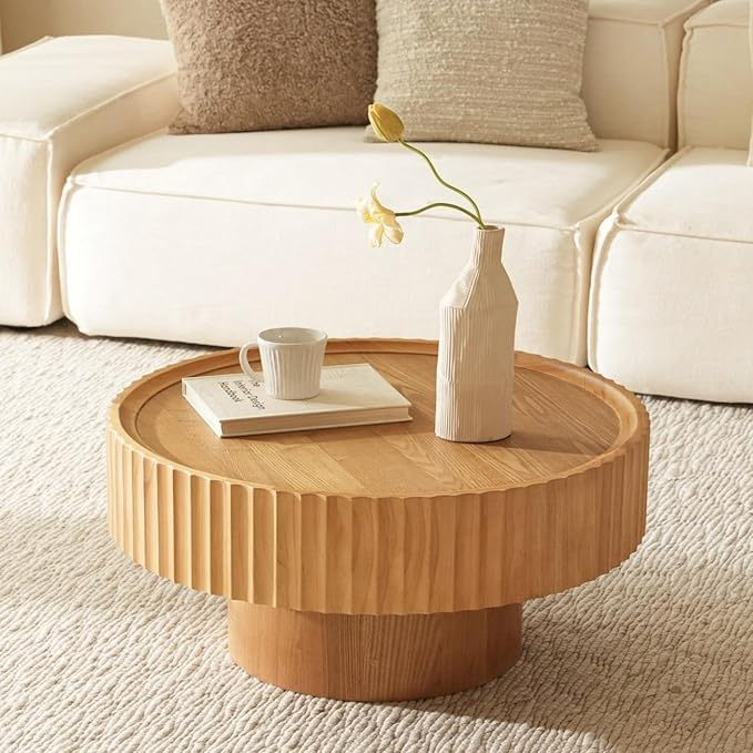 Round Coffee Table, 30.3in Modern Living Room Table, Fluted Drum Circle Tea Table with Storage, Accent Center Tables for Living Room, Apartment, Small Space(30.3''L×13.7''H) (Nature Wood)