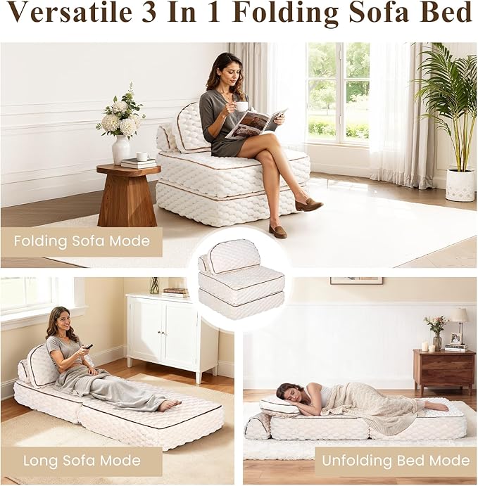 COLAMY Folding Sofa Bed, 3-in-1 Convertible Sleeper Chairs with Pillow,Back Support, Fuzzy Fabric Floor Couch Bed for Adults, Boneless Couches Living Room, Bedroom, Apartment,Beige
