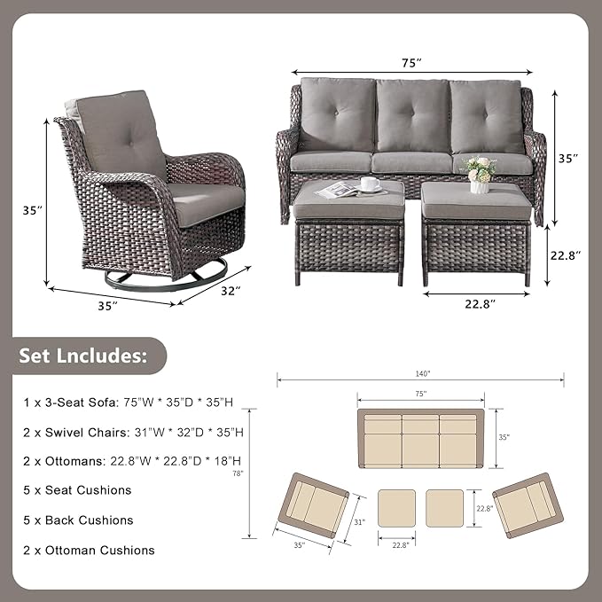 Rilyson Wicker Patio Furniture Set - 5 PC Rattan Outdoor Sectional Conversation Sets with 2 Rocking Swivel Chairs,2 Ottomans and 1 Sofa for Porch Deck Garden(Mixed Grey/Grey)