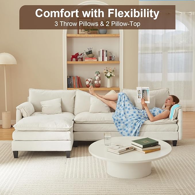 Modular Sectional Sofa, 108” Comfy Cloud Couch with Movable Ottoman | Charging Station | Side Pocket | Throw Pillow, Modern L-Shaped Couches for Living Room, Chenille, Cloud White