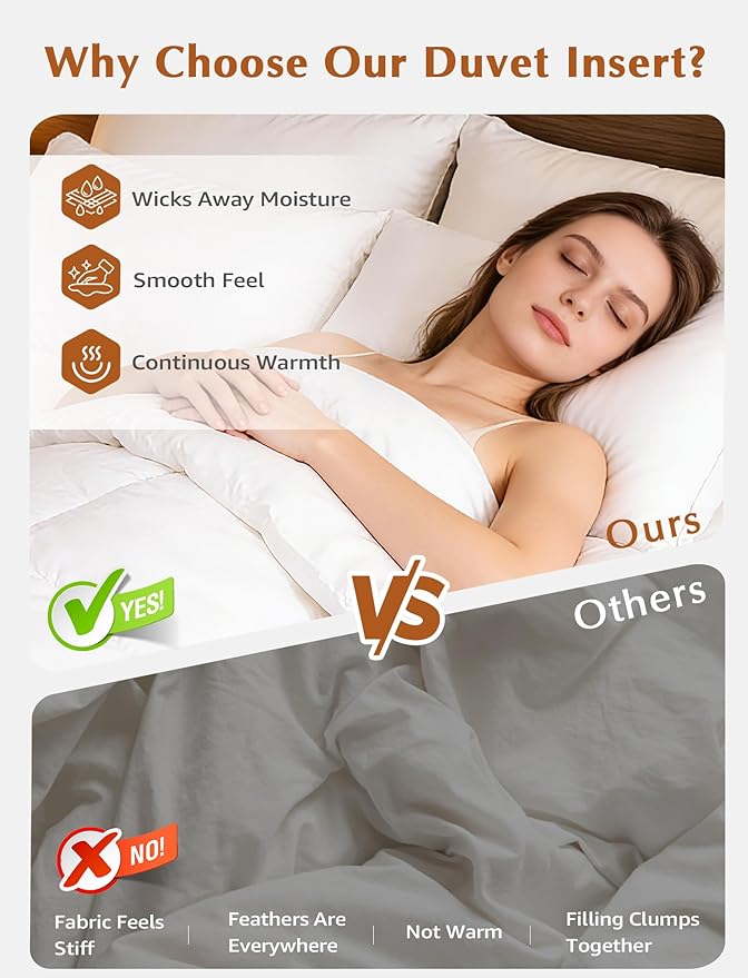 Hotel Goose Feather Down Fiber Comforter Oversized Queen Size, 100% Organic Cotton Duvet Insert with 8 Loops, All Season Extra Fluffy Luxury Bedding(98"x98", White)