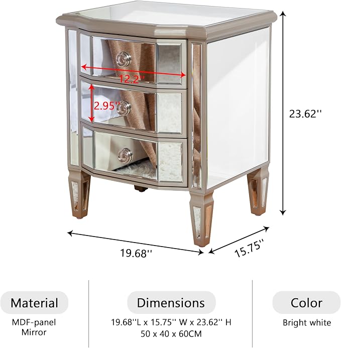 SHYFOY Mirrored Gold Nightstand with 3 Drawers, Antique Bed Side Table Night Stand, Mirror Finished Modern Accent Bedside Table, Glass Nightstand for Bedroom Living Room - Image 2