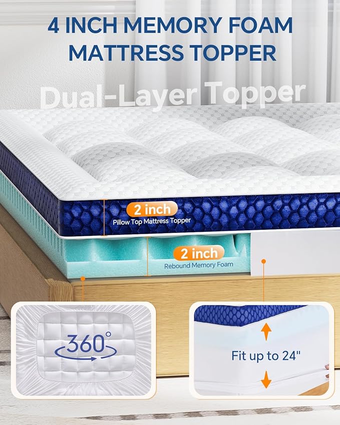 BEDELITE Twin Mattress Topper Dual Layer 4 Inch Memory Foam Mattress Topper, 2 Inch Pilow Top Mattress Pad and 2 Inch Premium Gel Foam Mattress, with Stretchable Pockets Up to 6"-24"