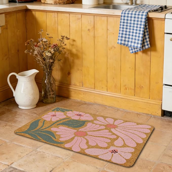 70s Retro Groovy Boho Pink Floral Faux Coir Door Mat Doormat for Front Door Indoor Outdoor Porch Entrance Entryway Outside Inside, Mid Century Modern Boho Flower Welcome Mat, 17x30 Inches - Image 6