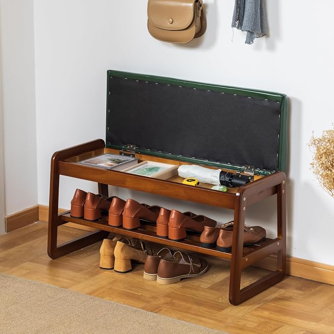 Solid Wood Shoe Bench, 2-Tier Entryway Bench with Cushion and Flip-Open Storage Box, Mid-Century Modern Shoe Bench Rack for Hallway, Mudroom(Green, 31.5'') by SOBIBO