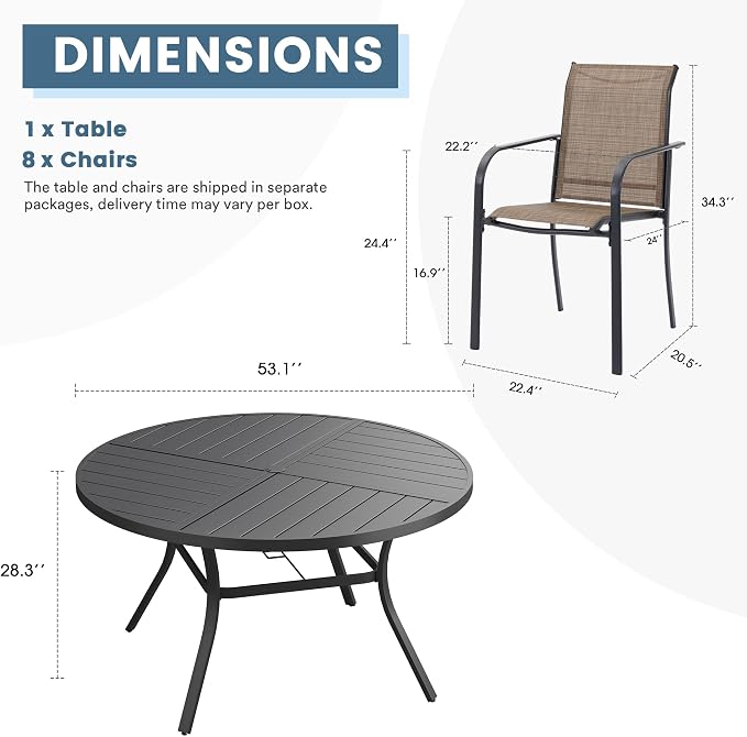 DIFY 9 Pieces Outdoor Patio Dining Set for 8, 53.1" Black Round Metal Dining Table and 8 Brown Stackable Textilene Patio Chairs, Outdoor Table and Chairs for Backyard Garden Poolside - Image 8