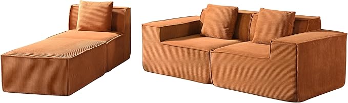 Rowan Convertible Corduroy Sectional Couch with Ottoman & Pillows, Modular L Shaped Sleeper Sofa, Boneless Cloud Couch for Living Room Furniture, Red Orange