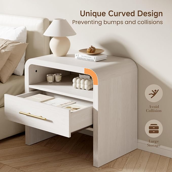 Fatmok Nightstand with Charging Station Set of 2, 24" Wooden Bedside Table with Drawer and Open Storage, Curved Profile Design End Table with 3-Color LED Light & Metal Handle for Bedroom(Cream White) - Image 4