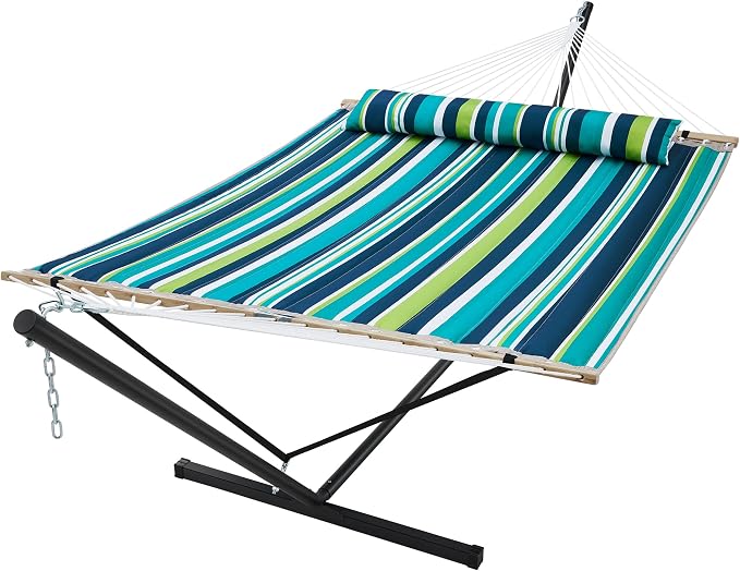 SUPERJARE Hammock with Stand, 2 Person Quilted Outdoor Hammock, Detachable Pillow & Bamboo Spreaders, Portable Hammock with Carrying Bag, Heavy Duty Stand, Perfect for Outside, Patio, Dark Cyan by SUPERJARE