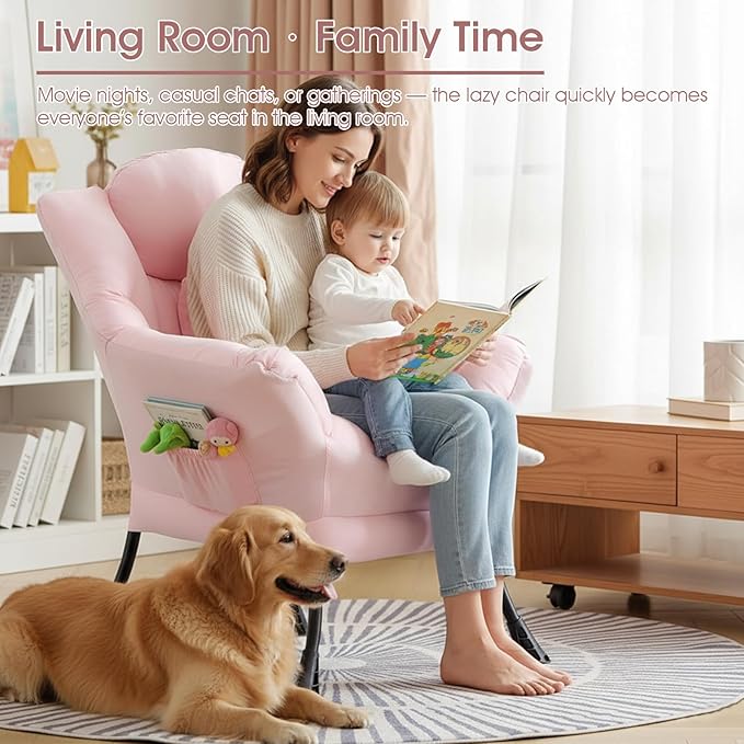 Lazy Chair for Living Room, Large Pink Accent Chair with a Throw Pillow, Leisure Sofa Chair Set, Comfy Reading Chair for Bedroom, Dorm Room, Office