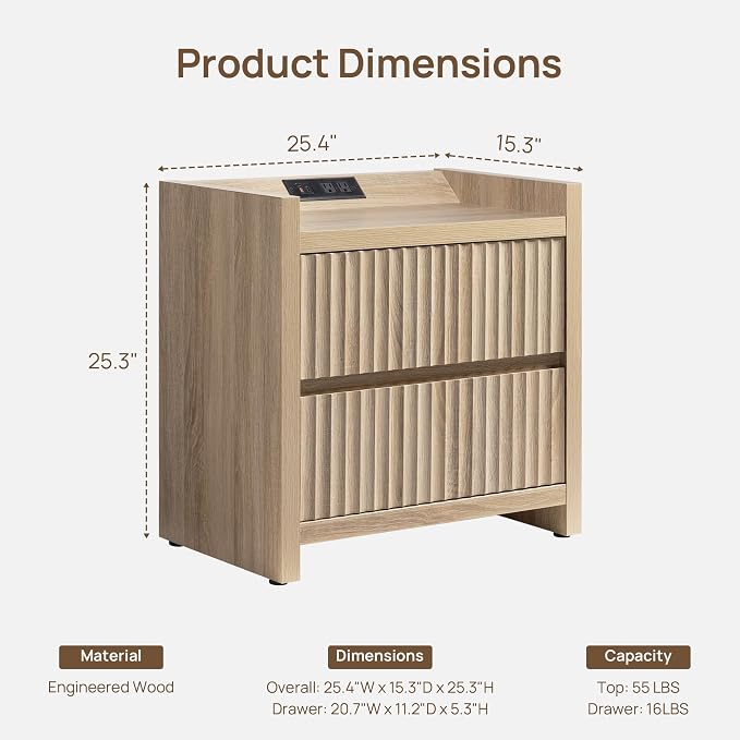 SICOTAS Night Stands Set of 2-Fluted Nightstands with Charging Station- Large Nightstand Bedside Table End Table with 2 Drawers, 25" Tall Mid Century Modern Night Stand for Bedroom, Sofa Side - Image 2