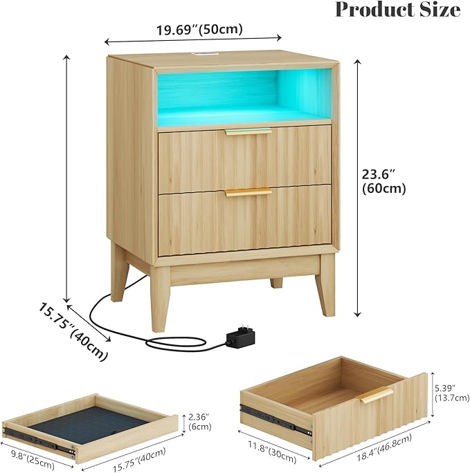 LVSOMT 20'W Fluted Nightstand with Charging Station, LED Night Stand with RFID Lock Hidden Drawer, Mid Century Morden Bedside Table for Bedroom, 2 Drawers and Open Storage Cubby, Natural Oak - Image 2