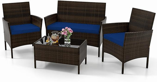 KOTEK 4 Piece Patio Furniture Set, Outdoor Rattan Conversation Set with Loveseat, Wicker Chairs, Tempered Glass Coffee Table, Wicker Patio Set for Backyard, Porch (Navy)