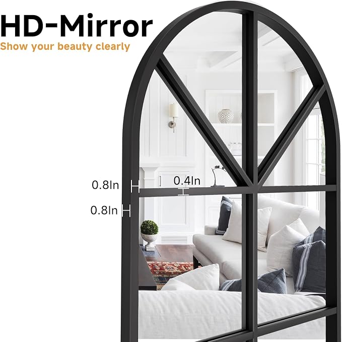 Rowjut Arched Wall Mirror Wall Decorative/Iron Framed Window Pane Mirrors,42" x 24" Window Mirror, Arched Top Wall Mirror for Entryway Living Room, Bedroom, Fireplace .(Deep Black) - Image 8