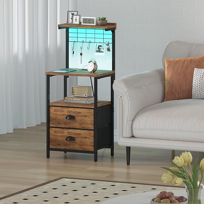 sthmec Tall Nightstands with Charging Station, LED Night Stand Bedsides with 2 Fabric Drawers,Hooks,USB Port and Open Storage Shelves,Tall End Table Bedside for Bedroom,Office, Rustic Brown - Image 2