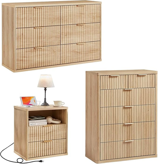 LEYAOYAO Fluted Dressers & Nightstand Set of 3, Wood 48" Wide Dresser & 42" Tall Chest of Drawers,Modern Bedroom Furniture Sets, Natural Wooden Nightstand with 2 Drawers & Charging Station
