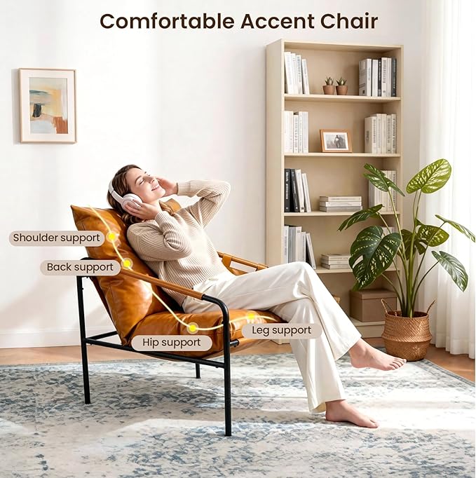 Modern Bright Orange Oversized Faux Leather Recliner Armchair, Comfy Accent Chair with Sturdy Metal Frame Armrest Bag, Indoor Outdoor Couch Sofa Chair for Living Room Bedroom Patio Lounge